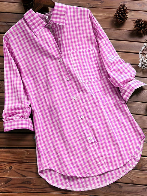 Stylish Plus Size Gingham Print Collared Blouse for Women