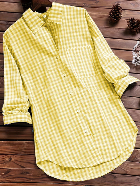 Stylish Plus Size Gingham Print Collared Blouse for Women