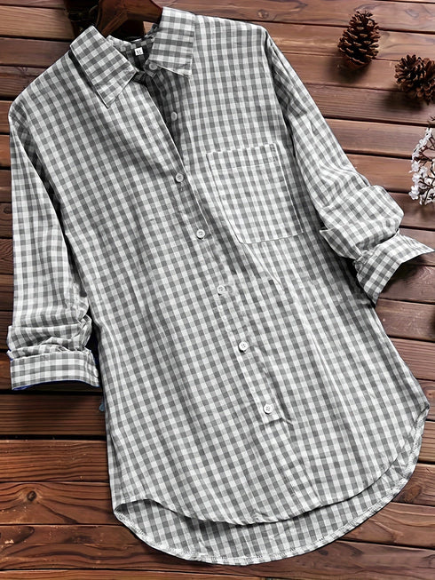 Stylish Plus Size Gingham Print Collared Blouse for Women