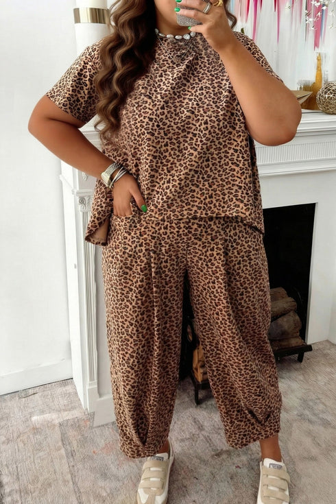 Brown Plus Size Leopard Loose Top Pleated Pants Set