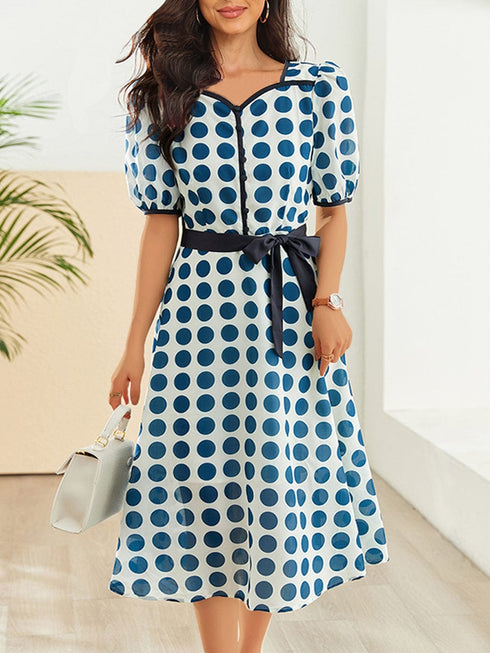 Stylish Printed High Waist Polka Dot Midi Dress