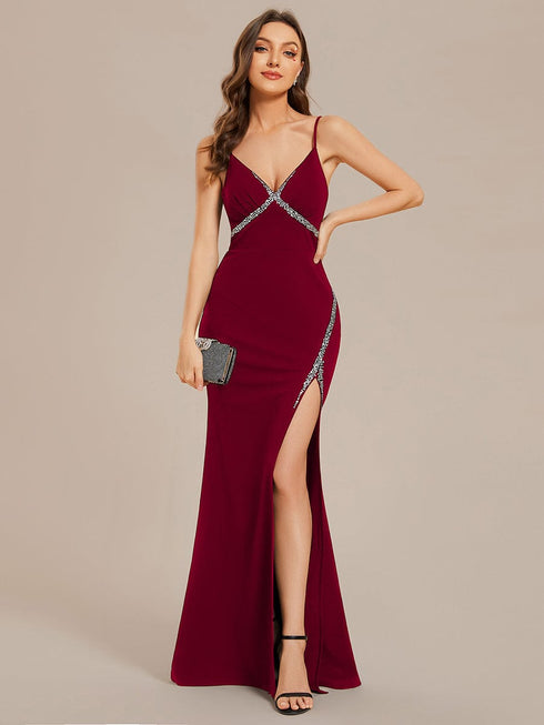 Stylish Rhinestone Adorned High Slit Evening Gown with Spaghetti Straps