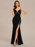 Stylish Rhinestone Adorned High Slit Evening Gown with Spaghetti Straps