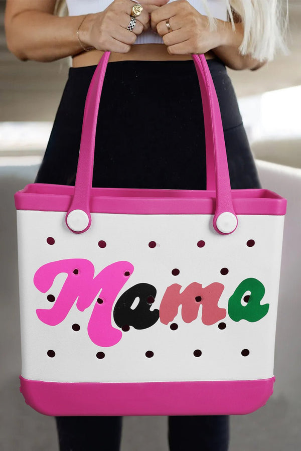 Stylish Rose Red Mama Print Hollow EVA Beach Bag with Adjustable Straps for Trendy Moms on the Go