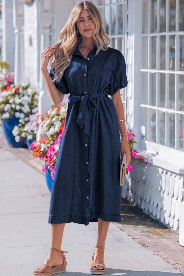 Stylish Sail Blue Denim Dress for Women with Collared Design, Full Buttons, and Short Bubble Sleeves – Comfortable Fit