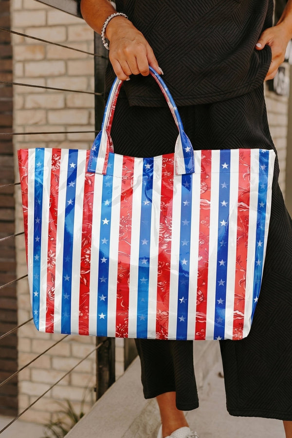 Stylish Sky Blue Patriotic Stars & Stripes Tote Bag for Women - Glossy, Spacious Carryall Perfect for Everyday Use