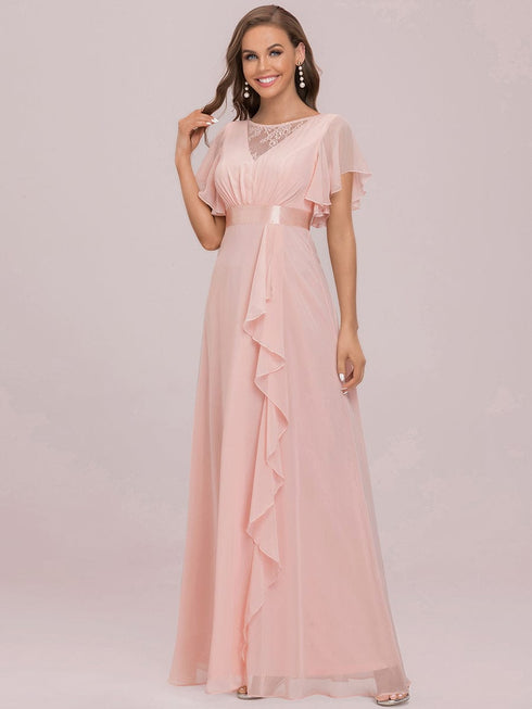 Stylish V Neck A Line Bridesmaid Gown with Ruffle Sleeves