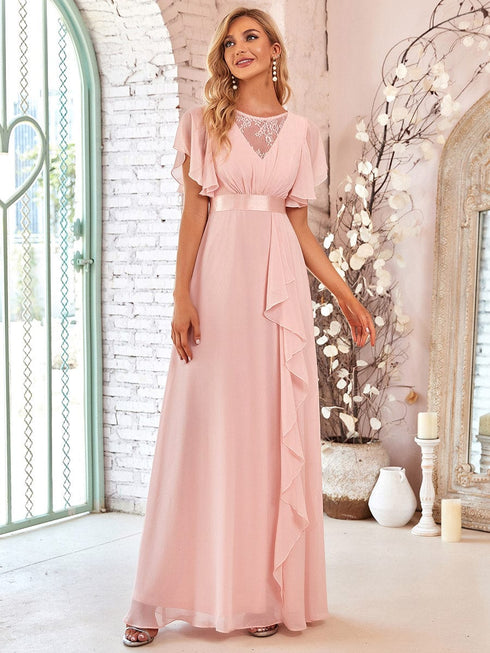 Stylish V Neck A Line Bridesmaid Gown with Ruffle Sleeves