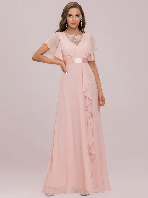 Stylish V Neck A Line Bridesmaid Gown with Ruffle Sleeves