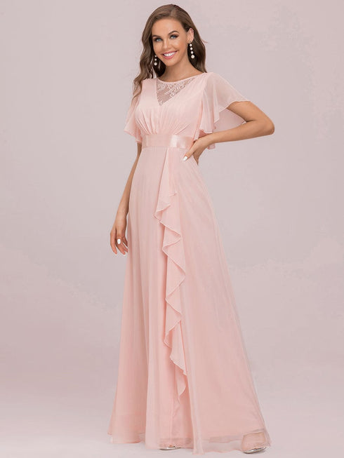 Stylish V Neck A Line Bridesmaid Gown with Ruffle Sleeves
