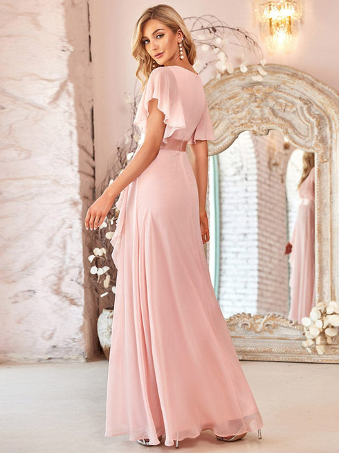 Stylish V Neck A Line Bridesmaid Gown with Ruffle Sleeves