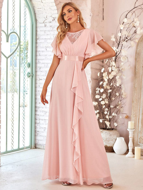 Stylish V Neck A Line Bridesmaid Gown with Ruffle Sleeves