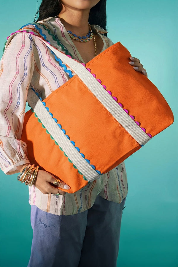 women's stylish vibrant orange canvas tote bag for women with ricrac detail – functional and versatile for everyday use with practical styling and