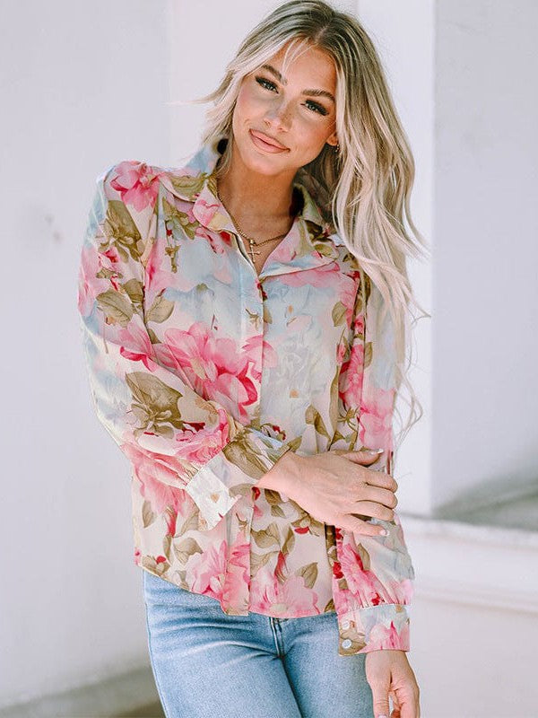 Stylish Women's Loose Floral Print Blouses with Sweet Cardigan Style and Long Sleeves