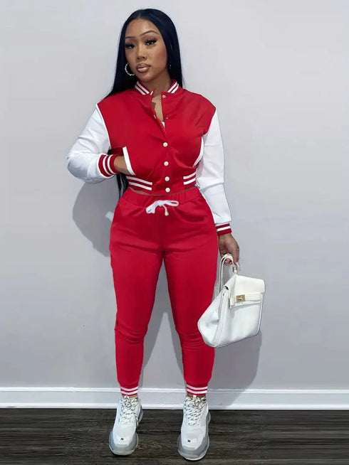 Stylish Women's Matching Set with Button-Up Bomber Jacket and Drawstring Pants