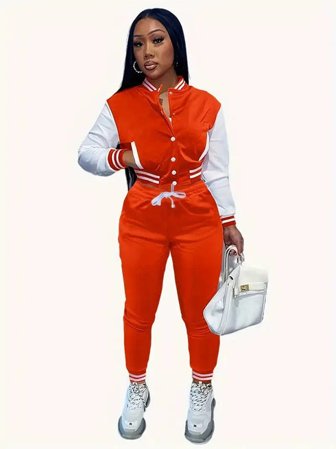Stylish Women's Matching Set with Button-Up Bomber Jacket and Drawstring Pants