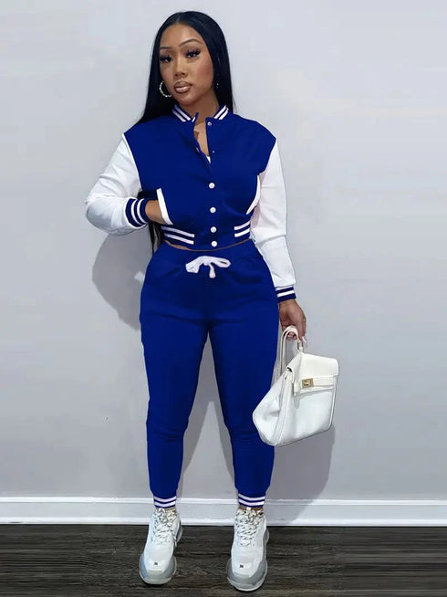 Stylish Women's Matching Set with Button-Up Bomber Jacket and Drawstring Pants