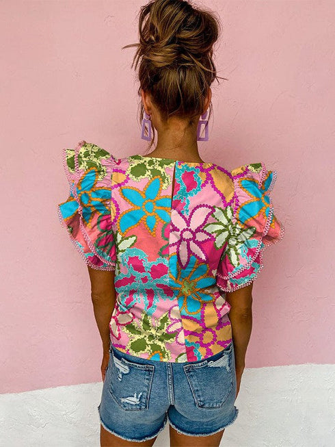 Stylish Women's Printed Ruffled Floral Pullover with Abstract Geometric Print