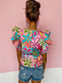 Stylish Women's Printed Ruffled Floral Pullover with Abstract Geometric Print