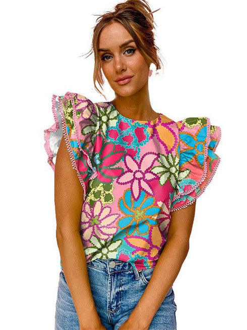 Stylish Women's Printed Ruffled Floral Pullover with Abstract Geometric Print