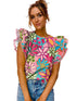 Stylish Women's Printed Ruffled Floral Pullover with Abstract Geometric Print