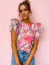 Stylish Women's Printed Ruffled Floral Pullover with Abstract Geometric Print