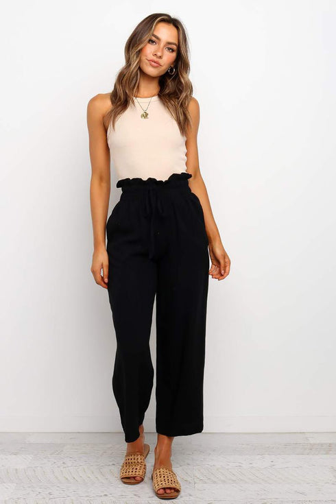 Black Paperbag Waist Straight Leg Cropped Pants