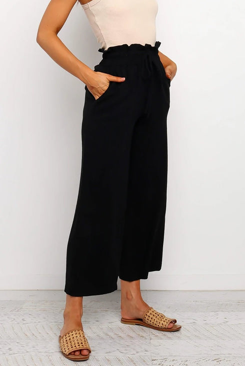 Black Paperbag Waist Straight Leg Cropped Pants