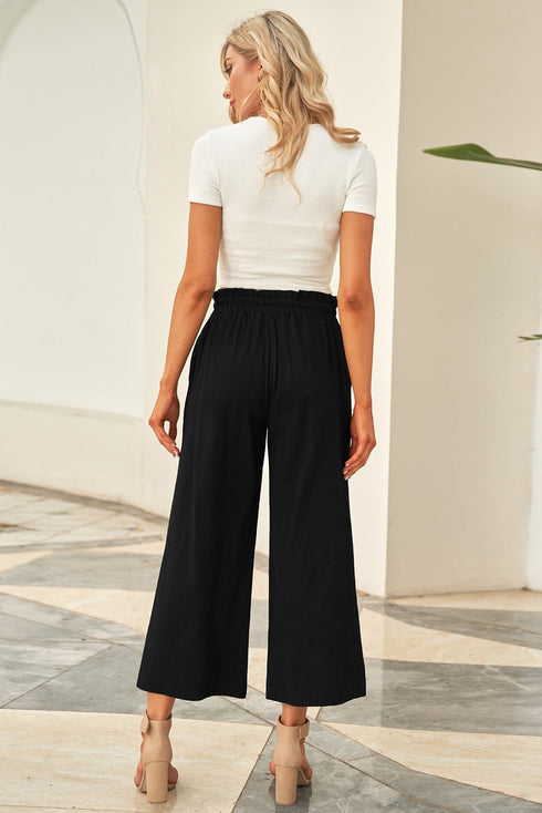 Black Paperbag Waist Straight Leg Cropped Pants