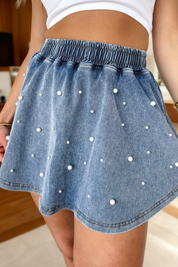 Women's Stylish Women's Blue Denim Mini Skort with Pearl Details and Comfortable Elastic Waist for Trendy Summer Looks
