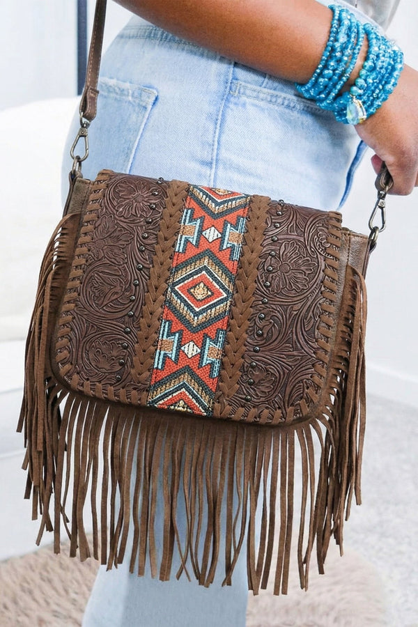 Women's Stylish Women's Bohemian Aztec Tassel Handbag in Coffee PU Leather - Versatile Trendy Accessory for Every Occasion