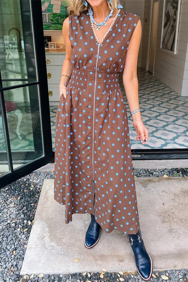 Women's Stylish Women's Brown Polka Dot Sleeveless Dress with V-Neck and Contrast Trim - Ideal for Summer Outings and Events