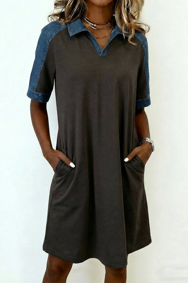 Women's Stylish Women's Carbon Grey Color Block Denim Shift Dress with Polo Collar - Comfortable Summer Fashion Essential