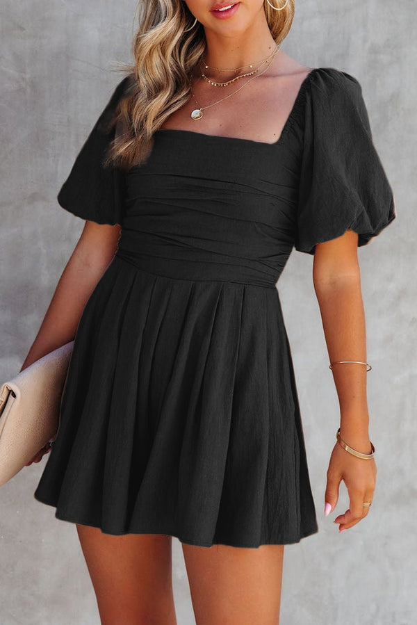 Women's Stylish Women's Chic Black Puff Sleeve Romper with Square Neck and Ruched Details for Effortless Casual Elegance
