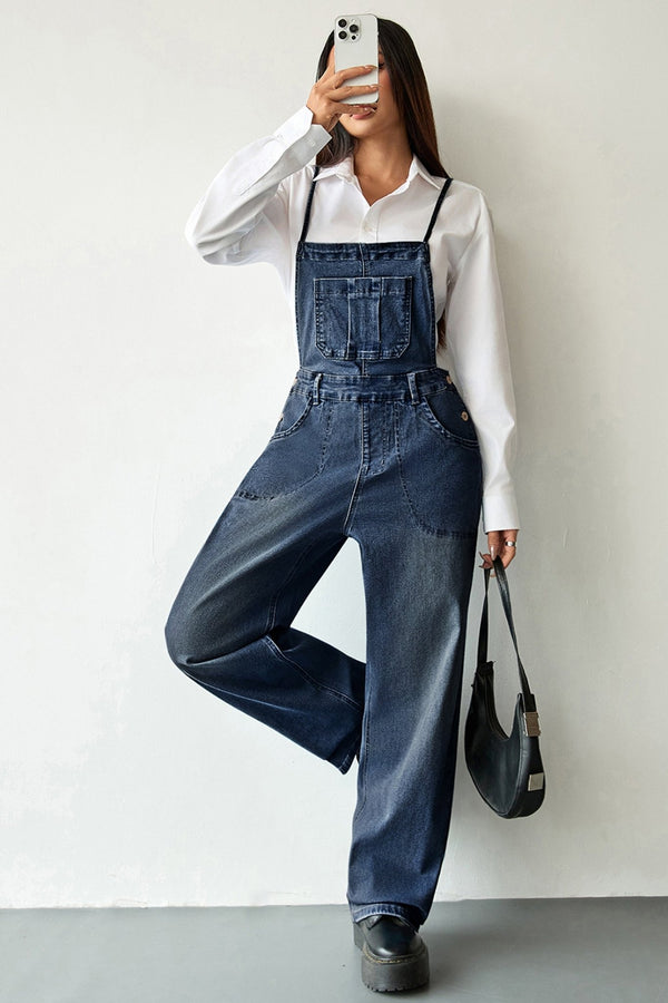 Women's Stylish Women's Dark Blue Denim Overalls with Crossed Tie Straps and Bib Pocket - Trendy Loose-Fit Casual Fashion