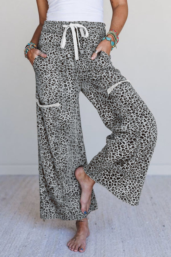 Women's Gray Leopard Print French Terry Wide Leg Lounge Pants