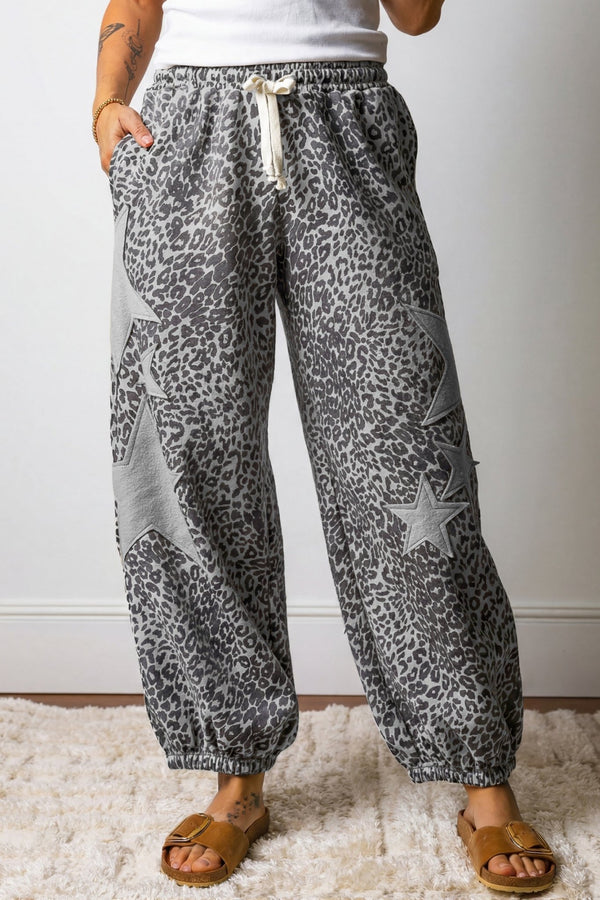Stylish Women's Gray Leopard Print Jogger Pants with Star Patches, Comfortable Drawstring Waist, Perfect for Casual Wear