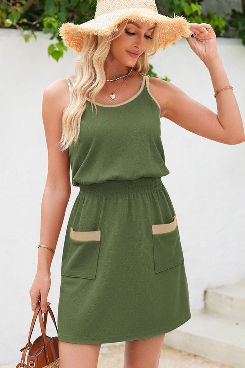 Jungle Green Textured Knit Color Block Trim Adjustable Straps Mini Dress