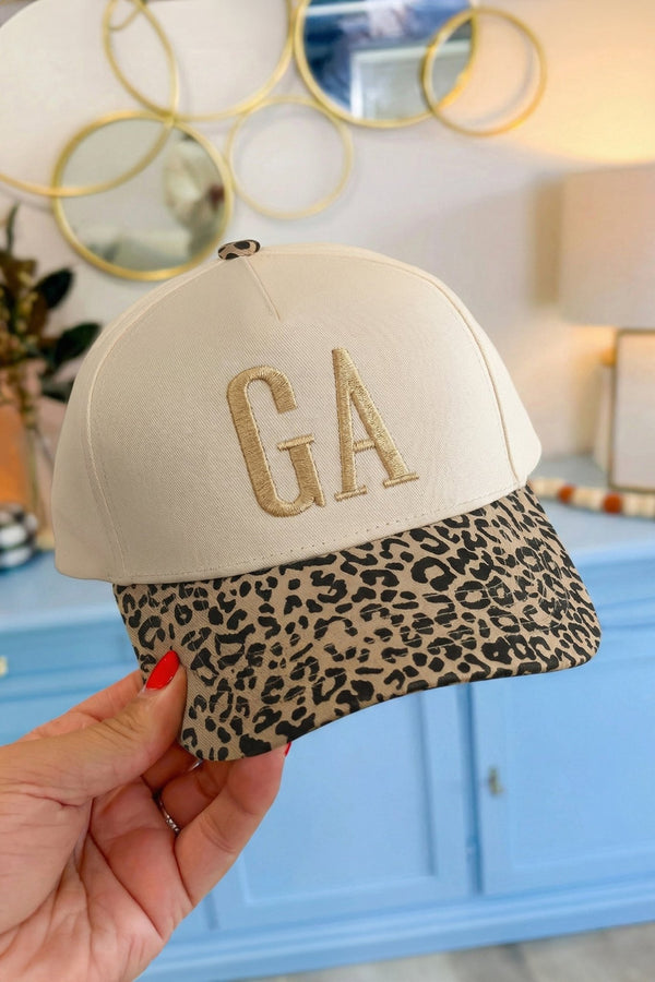 Khaki GA Custom Embroidered Letter Contrast Leopard Brim Baseball Cap