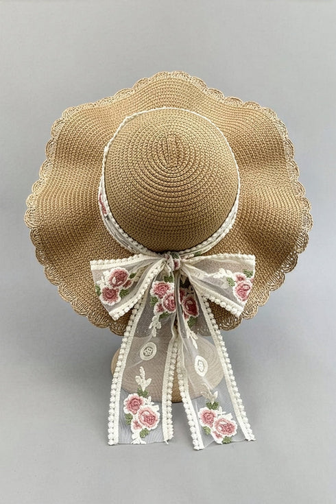 Khaki Straw Wide Brim Floral Embroidered Lace Bow Knot Sun Hat