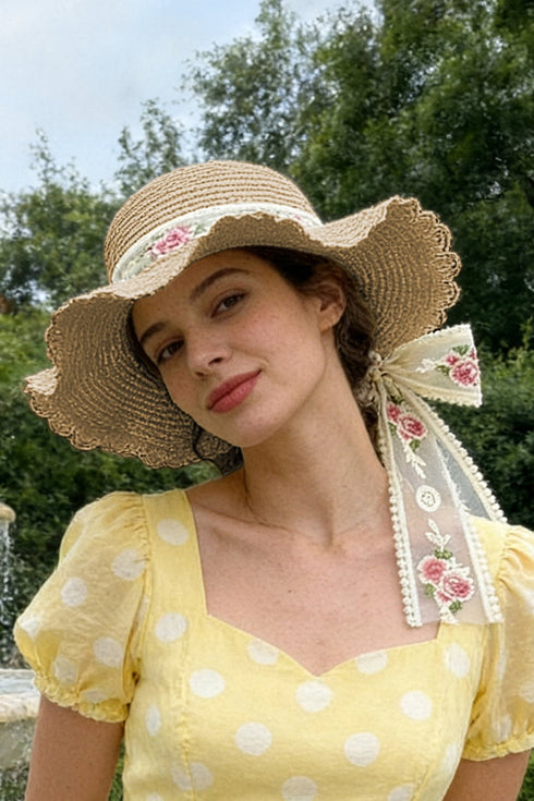 Khaki Straw Wide Brim Floral Embroidered Lace Bow Knot Sun Hat