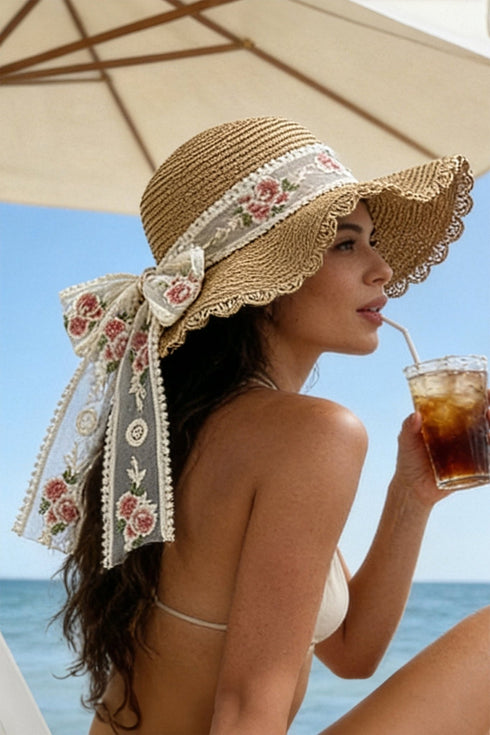 Khaki Straw Wide Brim Floral Embroidered Lace Bow Knot Sun Hat