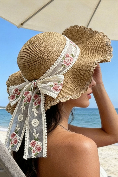 Khaki Straw Wide Brim Floral Embroidered Lace Bow Knot Sun Hat
