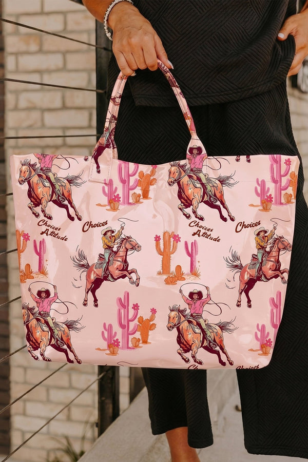 Stylish Women's Light Pink Western Pattern Tote Bag - Glossy Vinyl, Durable & Perfect for Everyday Fashion