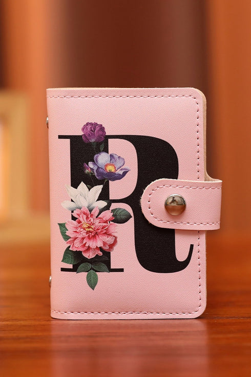 Pink Flower Letter Printed PU Leather Card Holder Bag