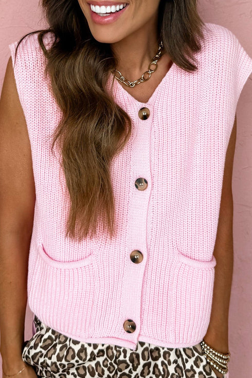 Pink Solid Color Knit V Neck Button Front Sweater Vest