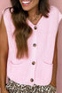 Pink Solid Color Knit V Neck Button Front Sweater Vest
