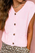 Pink Solid Color Knit V Neck Button Front Sweater Vest