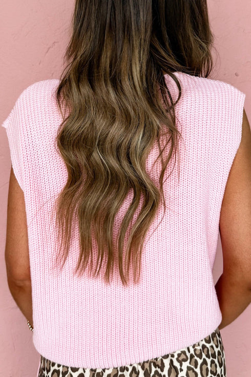 Pink Solid Color Knit V Neck Button Front Sweater Vest