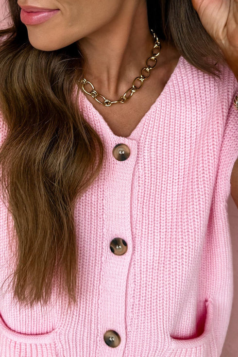 Pink Solid Color Knit V Neck Button Front Sweater Vest